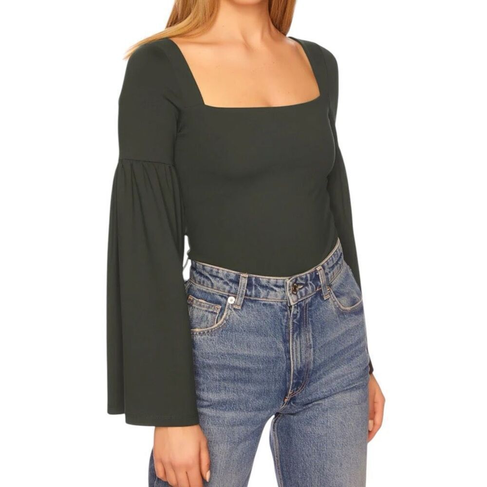 NEW Susana Monaco Bell Sleeve Square Neck‎ Top Hunter Green L